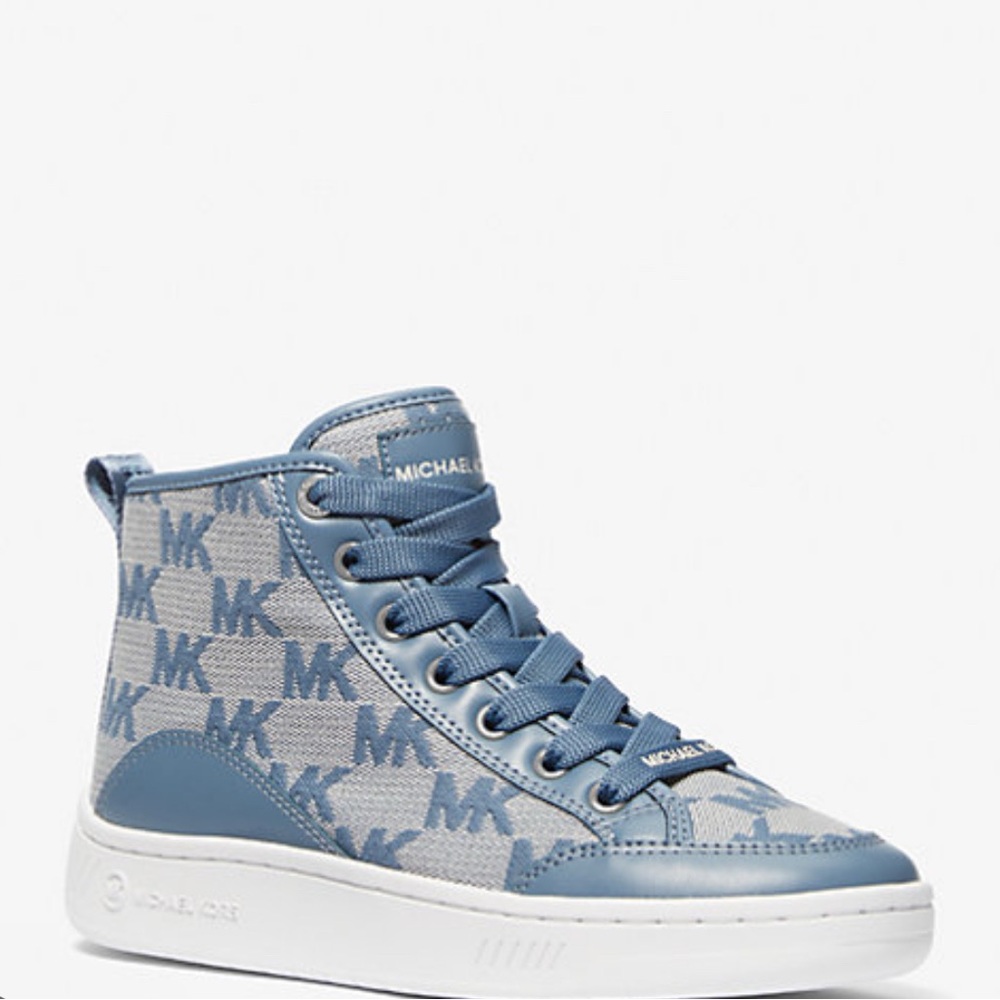 NIB Michael Kors Denim Shea Mid HighTop Monogram Signature Jacquard Sneakers 9.5